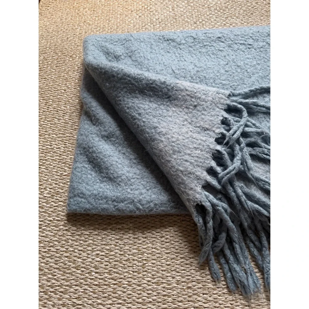 West Elm Dusty Blue Brushed Acrylic Throw Blanket‎ with Fringe 50x70